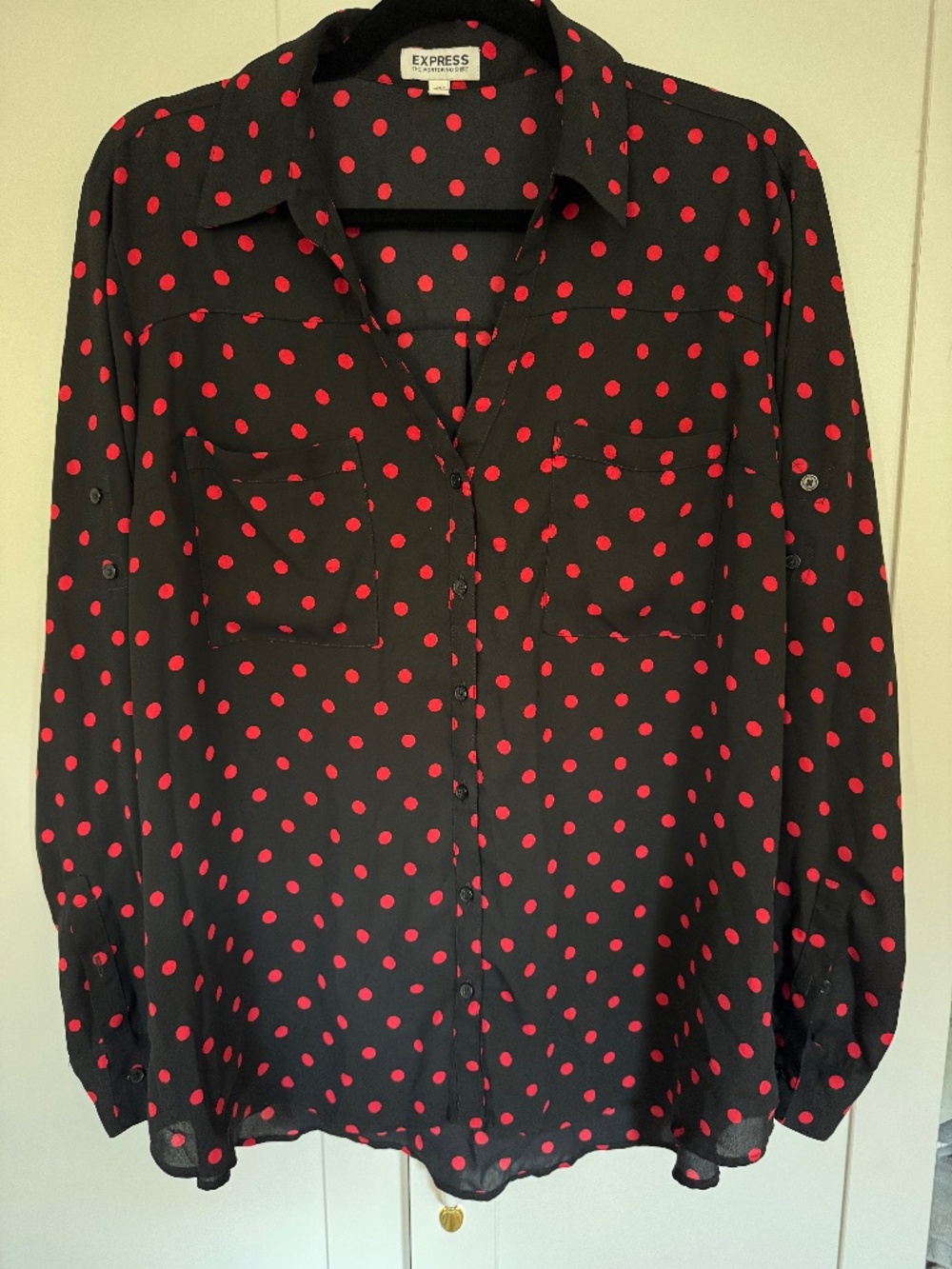 Express Portofino Shirt XL Black Red Polka Dot Button Down Blouse